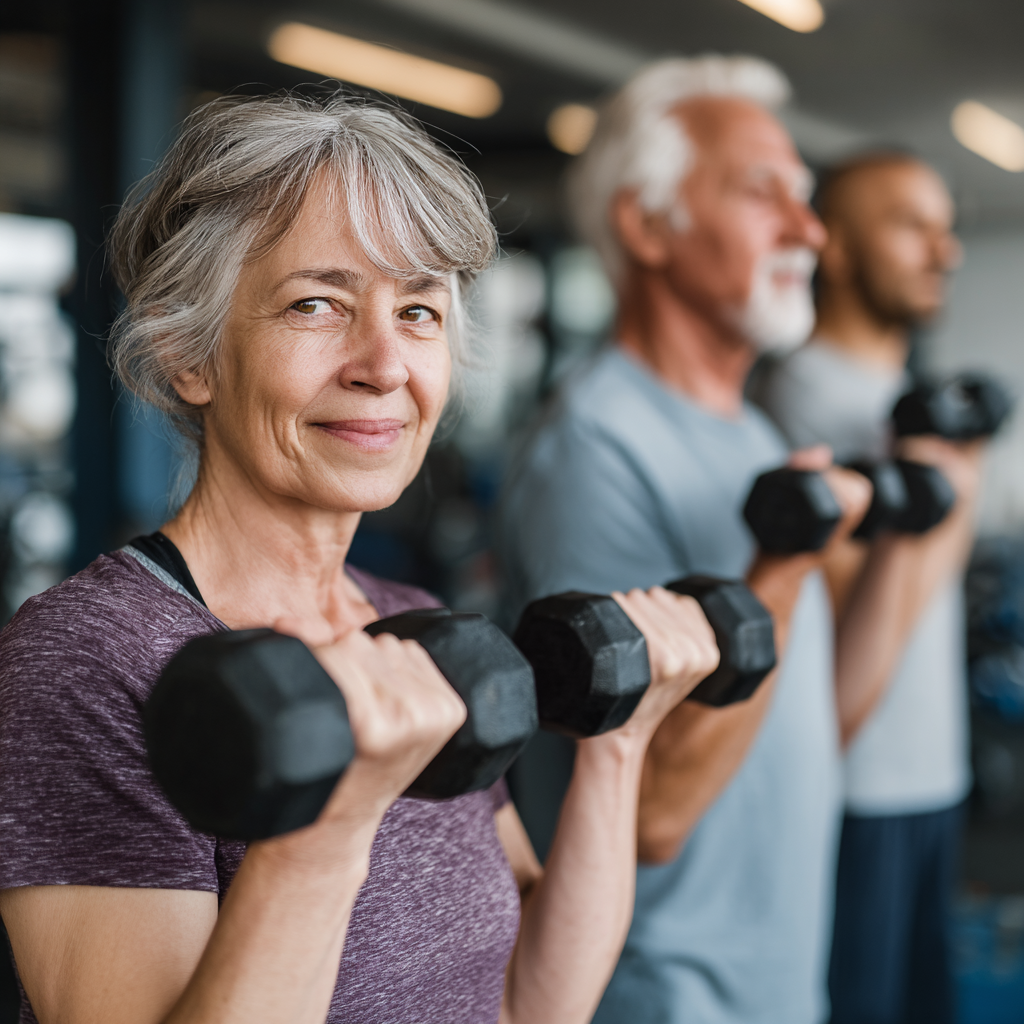 Mature adults enjoying strength training session at fitness center