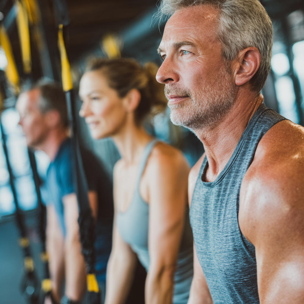 Middle-aged adults demonstrating proper exercise form during functional training